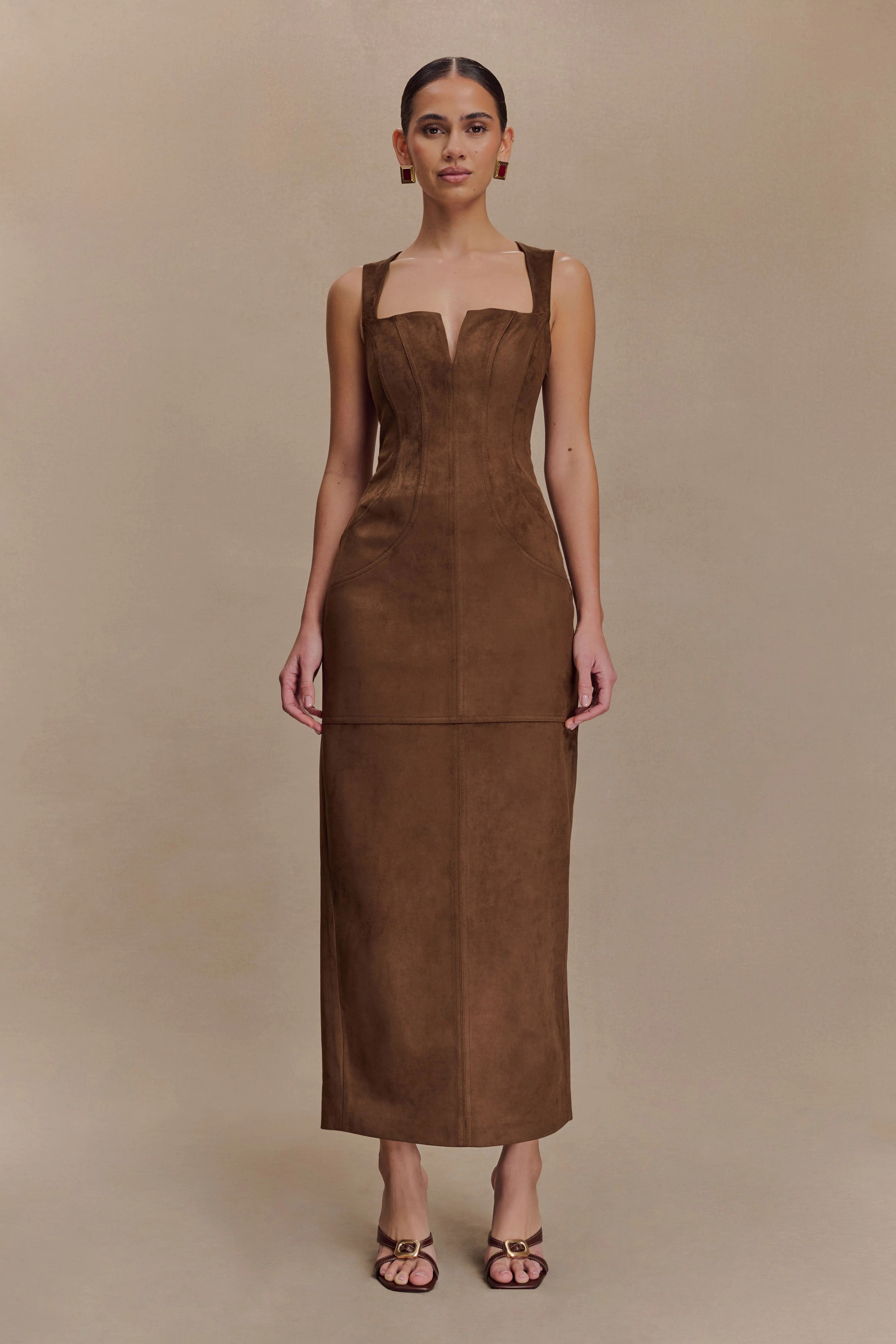 Faux Suede Maxi Dress - Dark Chocolate | MESHKI US