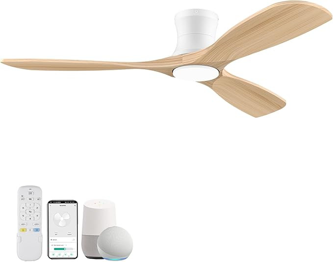 Smart 52” Wood Flush Mount Ceiling Fans with Lights and Remote,Quiet DC Motor,Outdoor Indoor Ul... | Amazon (US)