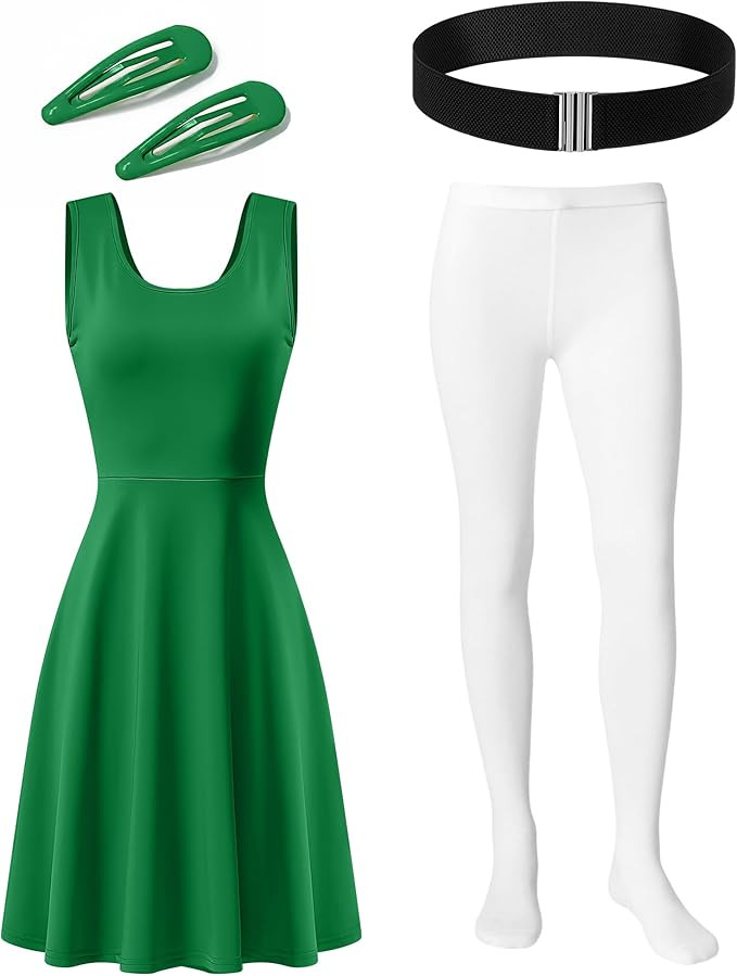 Ramede 4 Pcs Halloween Women Costume Green Sleeveless Dress, Green Hairpin Belt Pantyhose and Leg... | Amazon (US)