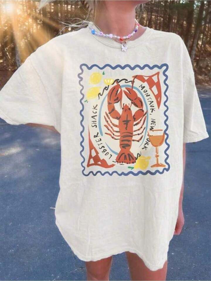 Summer Women Top, Lobster Shack Montauk Funny Graphic White Tee, Casual Soft, Pure Cotton 220g Pa... | SHEIN