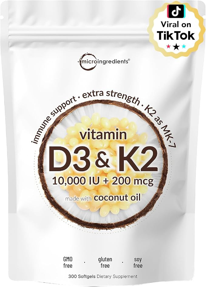Micro Ingredients Vitamin D3 10,000 IU + K2 MK-7 200 mcg, 300 Softgels with Virgin Coconut Oil | ... | Amazon (US)