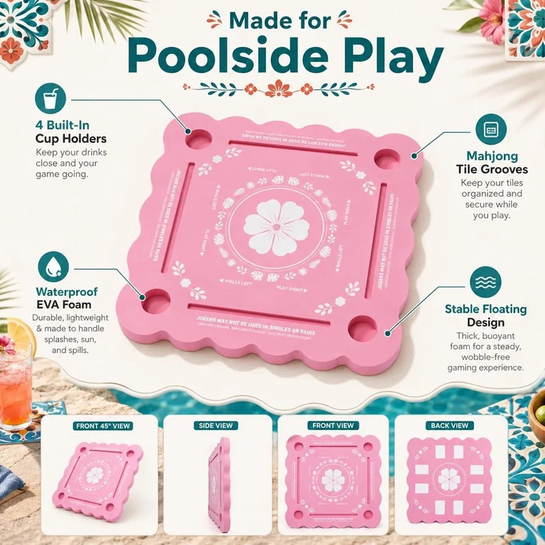 Floating Mahjong Table for Pool, Pink Hawaiian Pool Mat with Wavy Edge, Waterproof Double-Sided G... | Walmart (US)