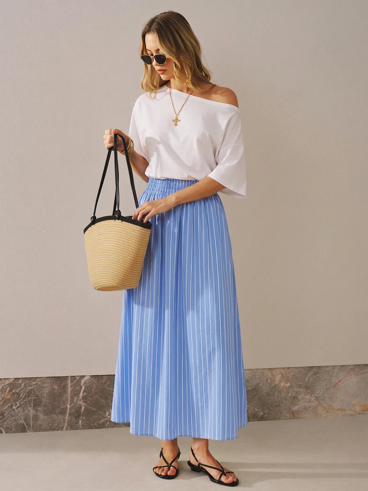 Color Block Off-Shoulder Striped Midi Dress | Commense