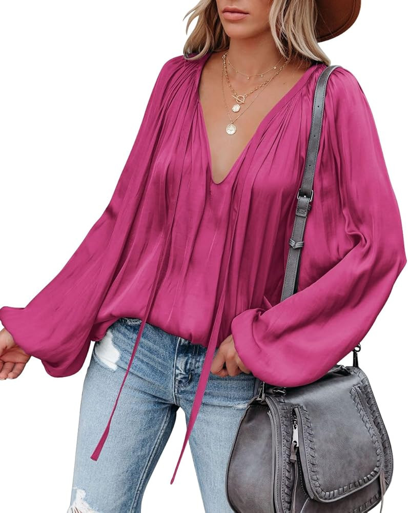 LAMISSCHE Womens Sexy Deep V Neck Blouse Lantern Long Sleeve Chiffon Shirt Oversized Drawstring S... | Amazon (US)
