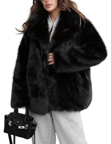 Arssm Women's Faux Fur Coat Long Sleeve Fluffy Jacket Open Front Furry Winter Warm Lapel Shaggy Coat Outwear(Black-XL) | Amazon (US)