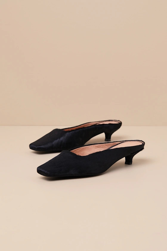 Classy Black Calf Hair Kitten Heel Mules | Lulus