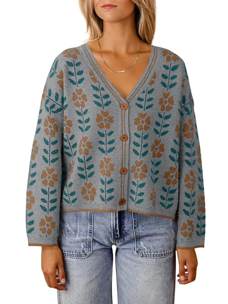 Saodimallsu Womens Floral Print V Neck Cardigan Open Front Button Down Knit Sweater Long Sleeve L... | Amazon (US)