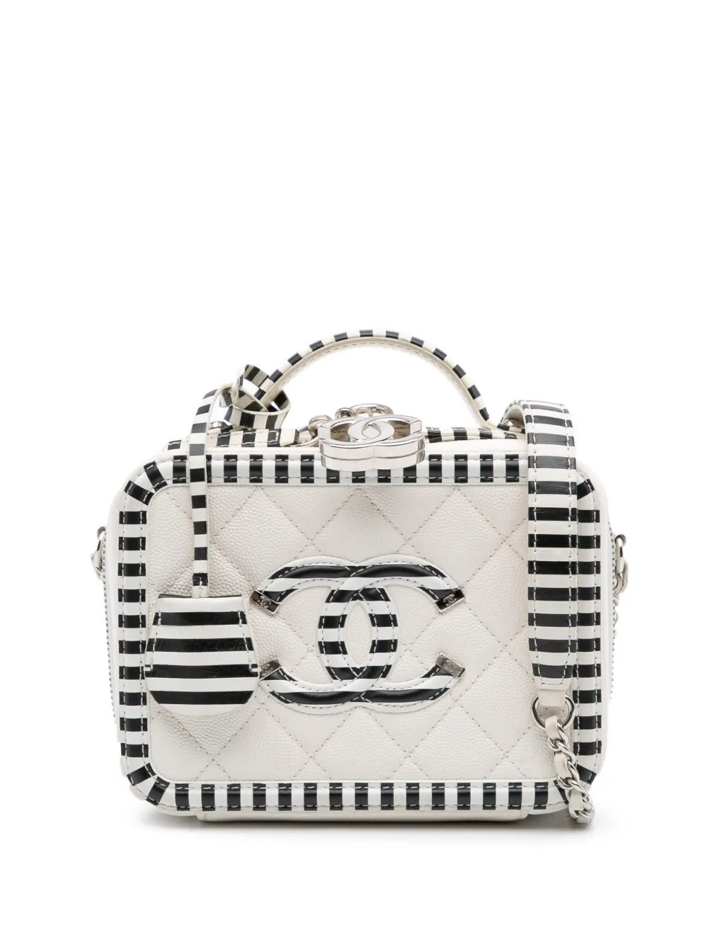 CHANEL Pre-Owned 2019 Small Caviar Striped CC Filigree Case vanity bag - White | Farfetch Global
