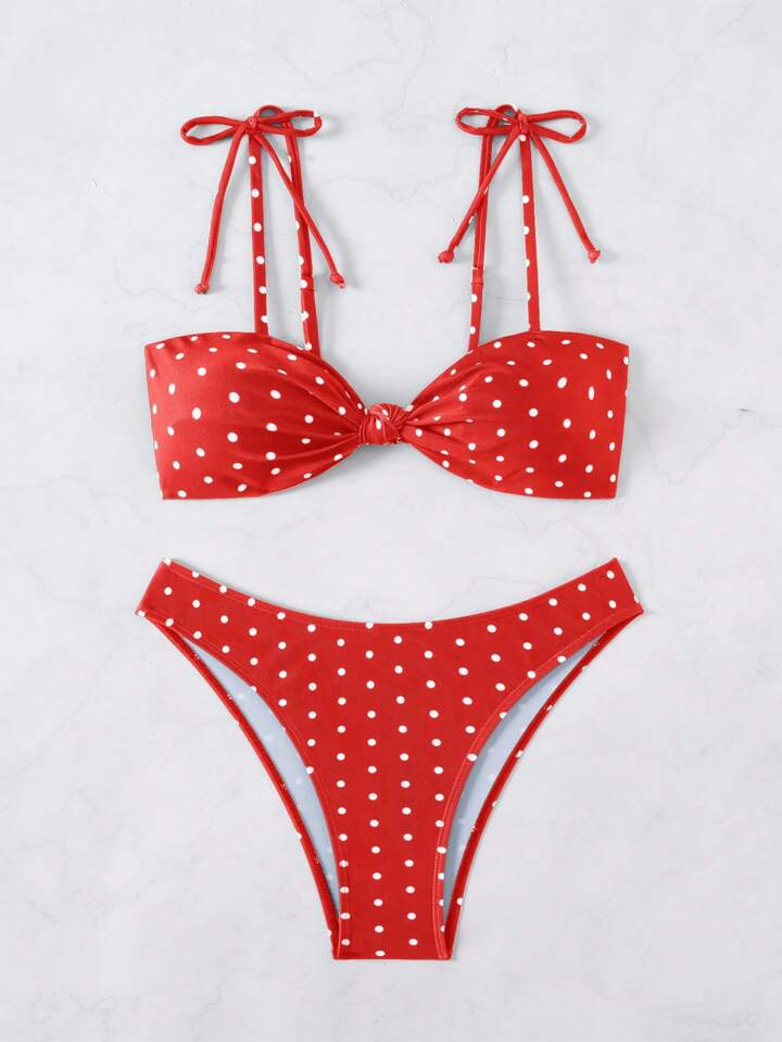 Swim Basics 2pcs Women's Black & White Polka Dot Print Front Twist Knot Bikini Set, Casual Resort... | SHEIN