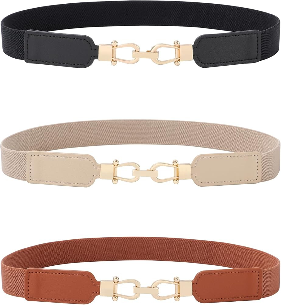 AWAYTR Women Skinny Stretchy Belt - Thin Elastic Waist Ladies Belt with Light Gold Buckle for Dre... | Amazon (US)