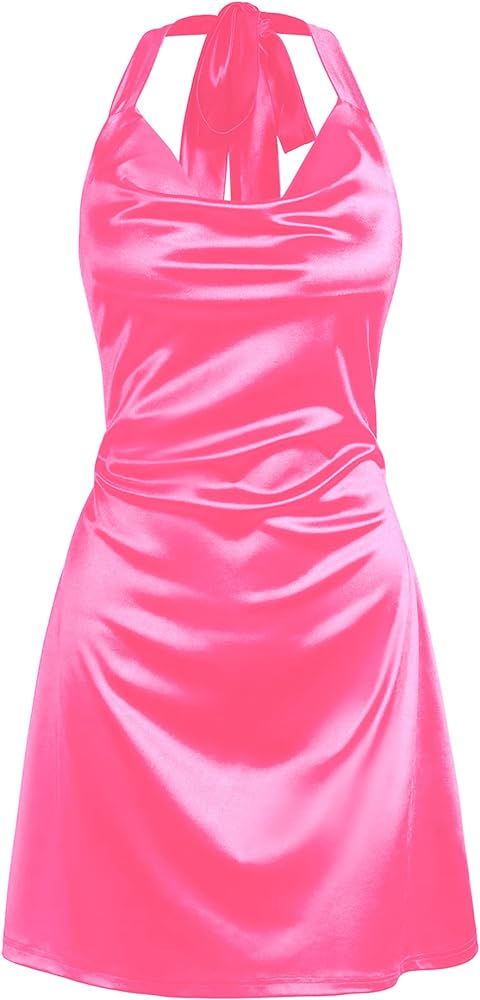 ZAFUL Women Halterneck Satin Mini Dress Sexy Cowl Neck Silky Party Cocktail Club Dress | Amazon (US)