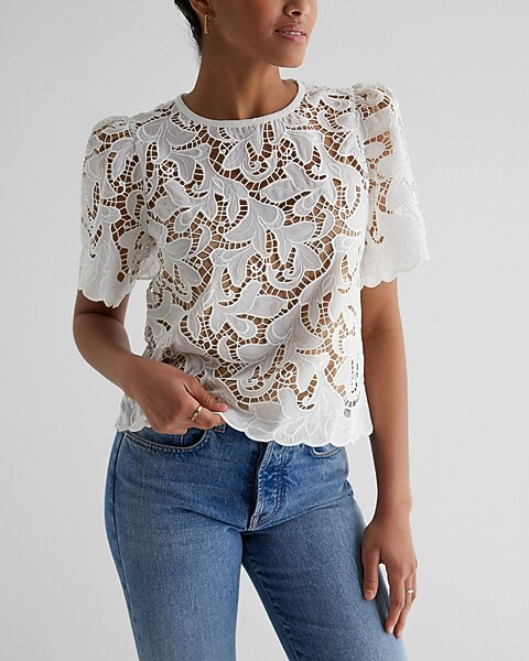 Embroidered Crochet Puff Sleeve Top | Express