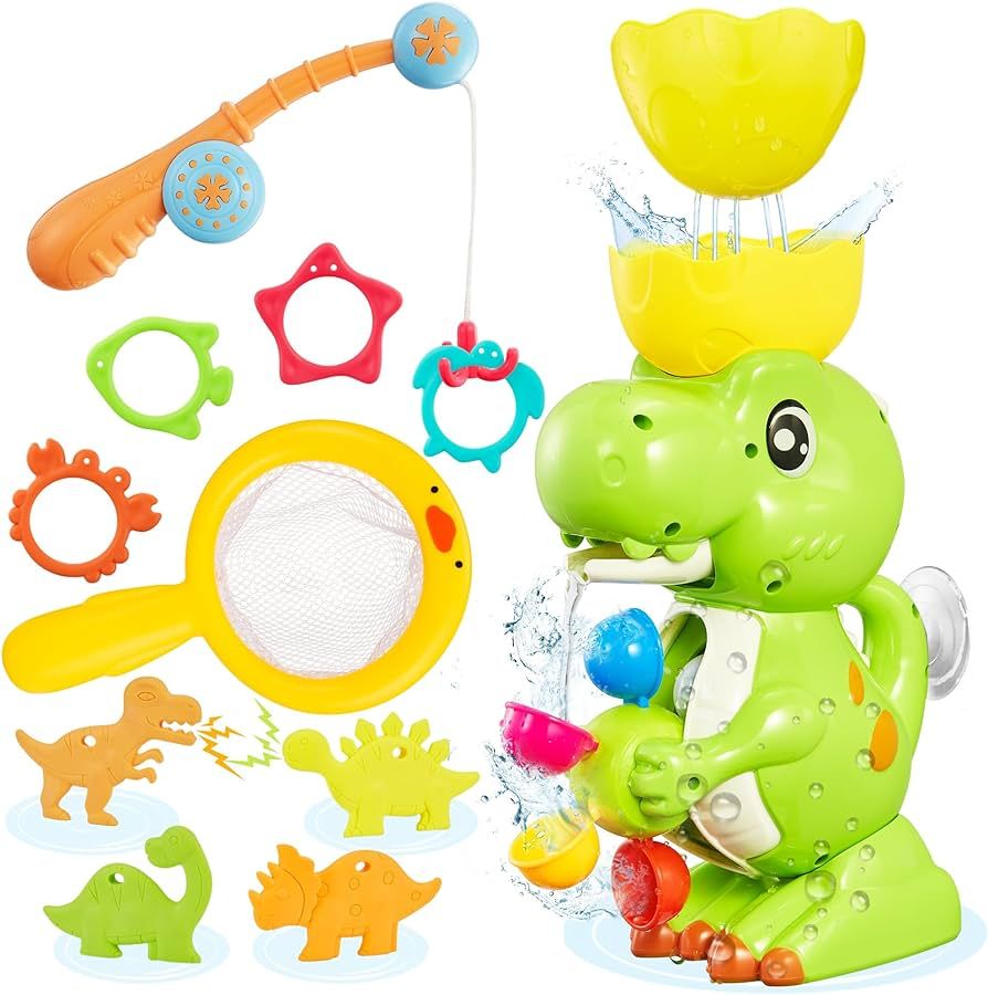 EKU Dinosaur Bath Toys with Colorful Whirling Wheel Mini Dinosaurs and No Mold Fishing Games for... | Amazon (US)