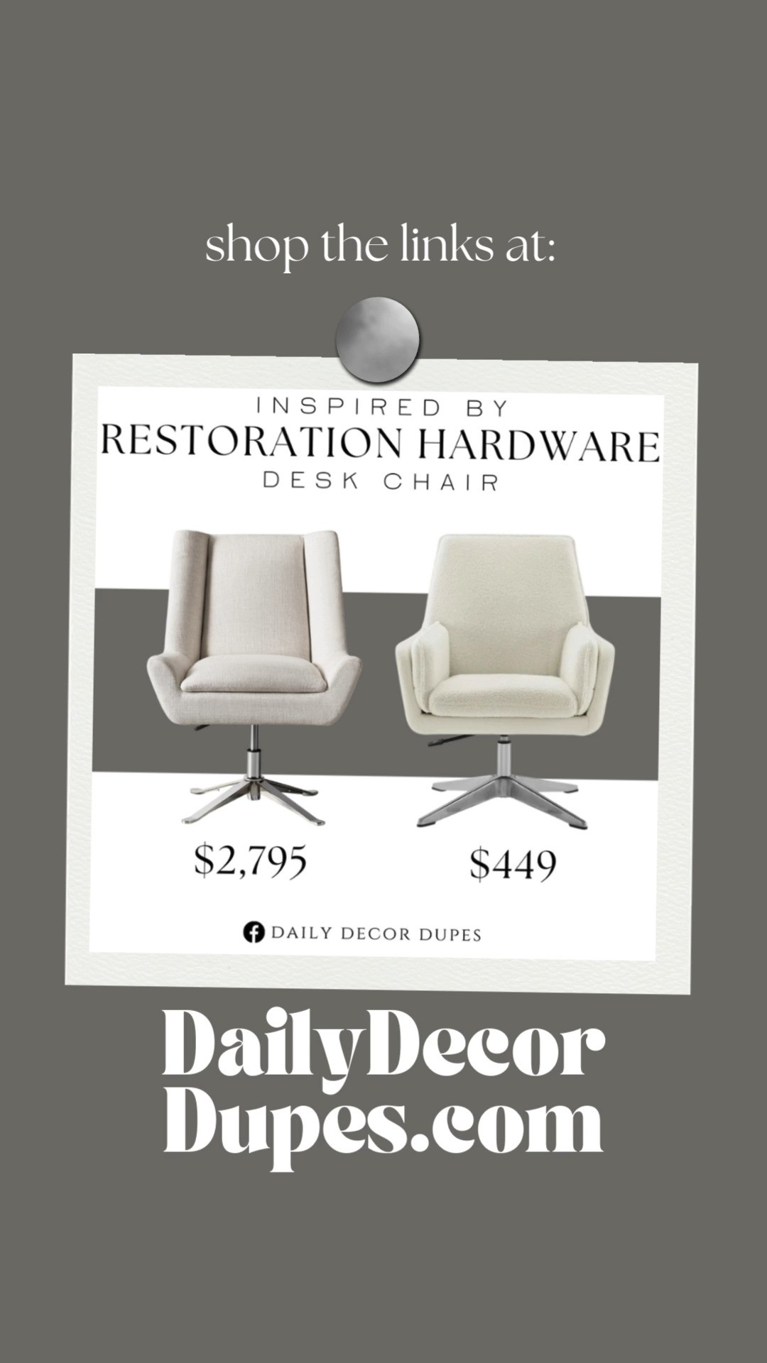 Inspired by Restoration Hardware Desk Chair. Chic desk chair alternative. Modern swivel chair. Stylish ergonomic chair. Mid-century modern desk chair. Cozy study chair. Elegant desk chair. Modern home furniture.  

Home dupe dupes more affordable option find replica copy cat similar look for less budget friendly affordable cheap cheaper beautiful pretty. Clearance sale coupon code discount code promo code luxury lookalike look a like Inspo inspiration inspired by idea ideas Love dupes like these? I share multiple every day in my FB group “DAILY DECOR DUPES” 

 #LTKHoliday #LTKHome #LTKSaleAlert