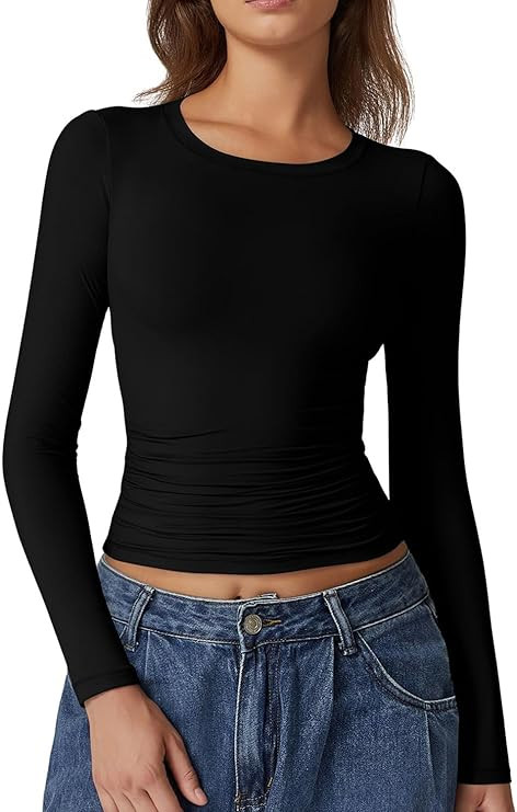 QINSEN Womens Crewneck Long Sleeve Shirt Double Lined Basic Tees Side Ruched Going Out Crop Tops | Amazon (US)