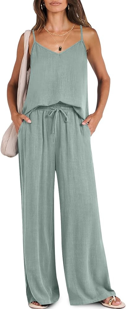 ANRABESS Women's 2 Piece Linen Lounge Set Casual Matching Pants Jumpsuit Summer Beach Travel Vaca... | Amazon (US)
