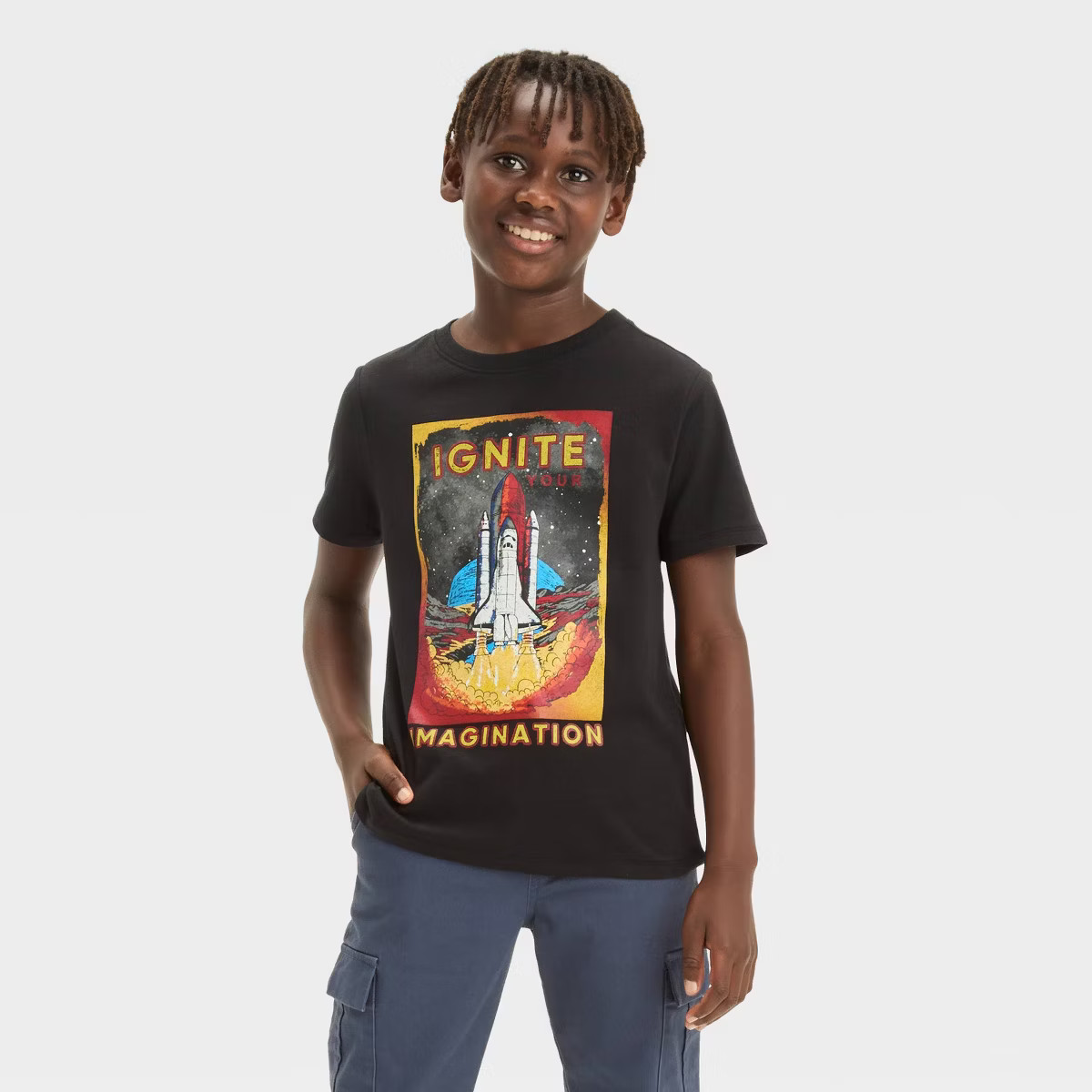 Boys' Short Sleeve 'Ignite Imagination' Space Shuttle Graphic T-Shirt - Cat & Jack™ Black | Target