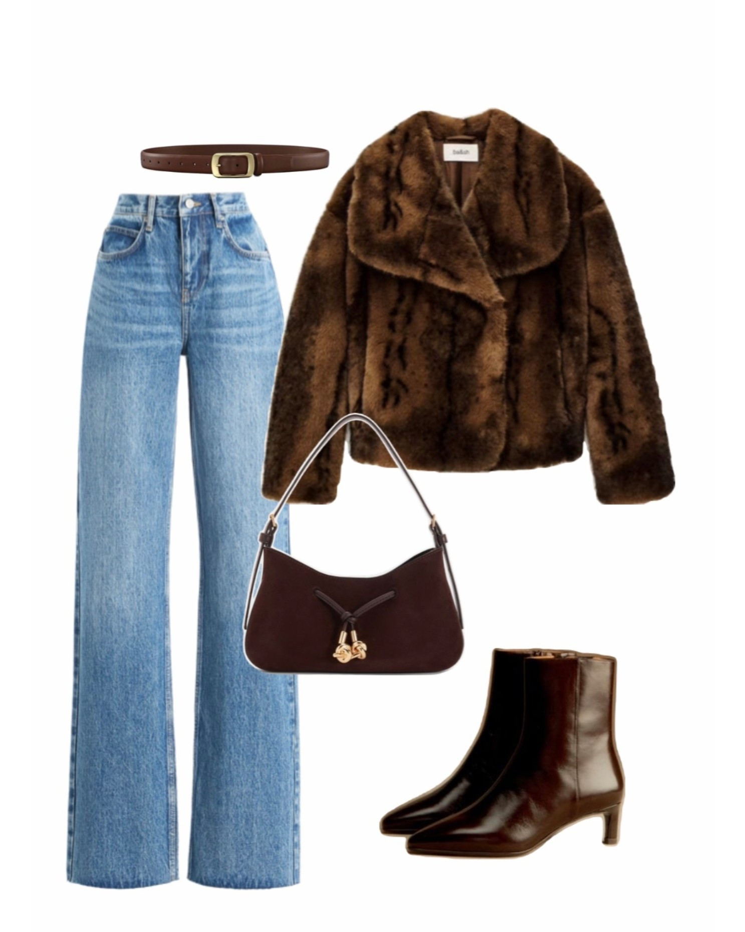 Brown cropped fur coat outfit, faux fur coat, neutral outfit, winter style 