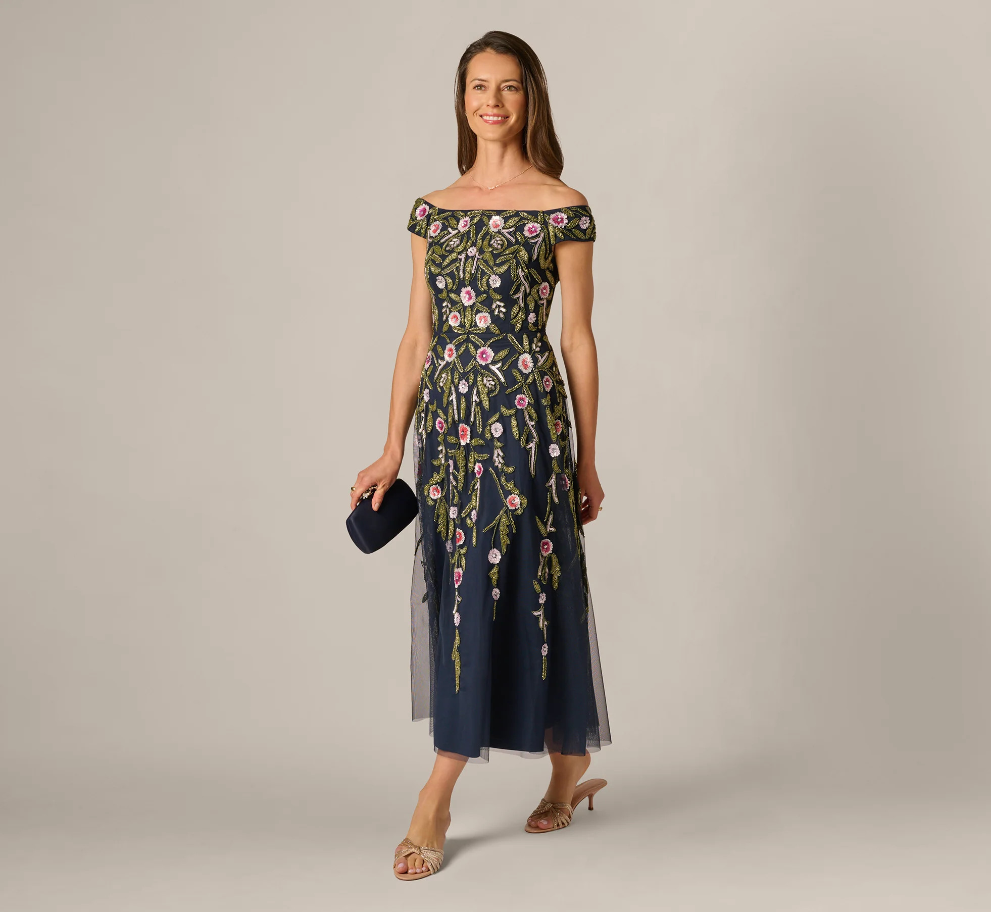 Navy Off Shoulder Floral Beaded Ankle Length Dress - Adrianna Papell | Adrianna Papell