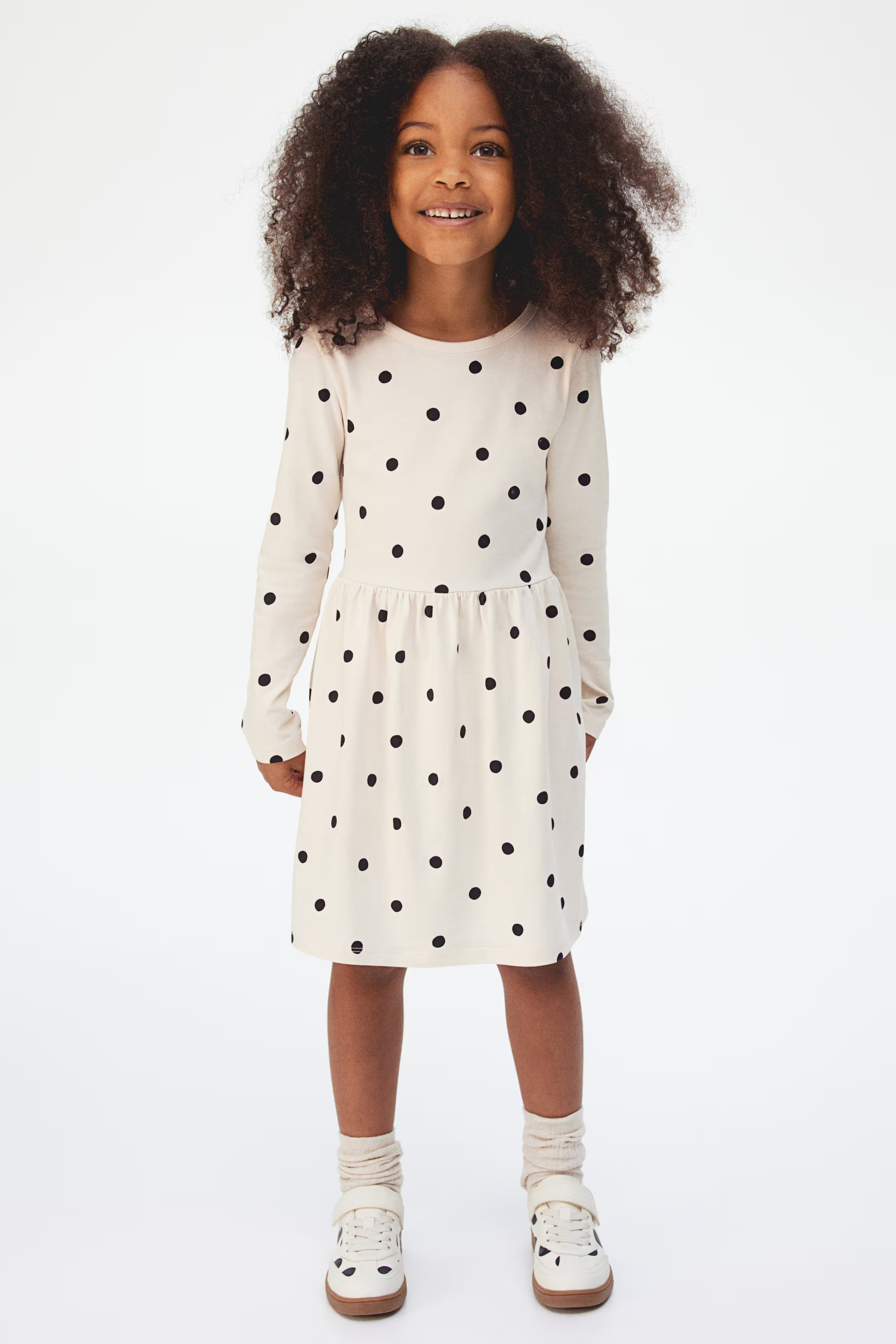 Printed Cotton Dress - Round Neck - Long sleeve - Light beige/dotted - Kids | H&M US | H&M (US + CA)