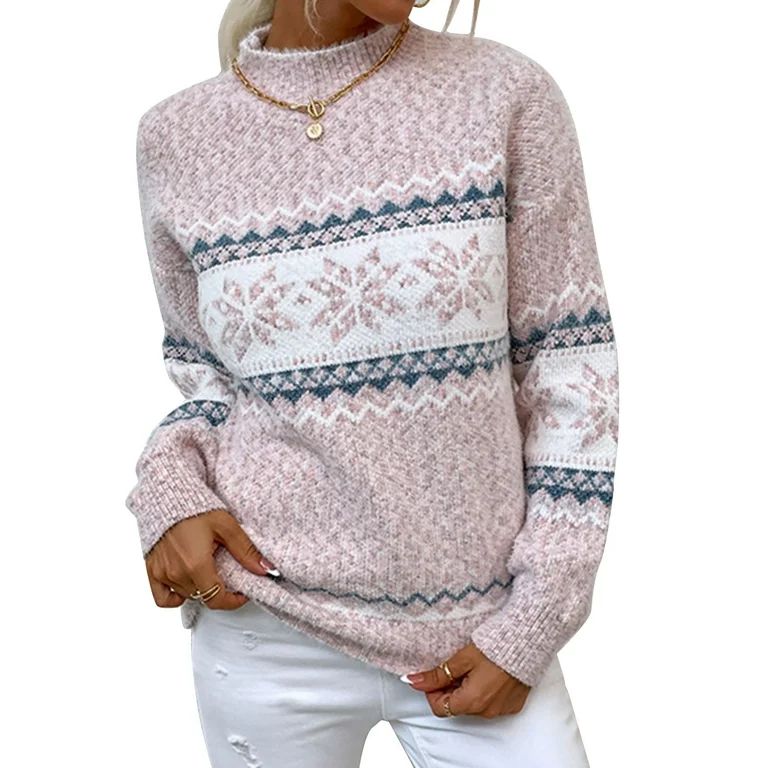 Christmas Sweaters For Women Mock Neck Snowflake Knitted Christmas Sweater Warm Pullover Knitwear... | Walmart (US)