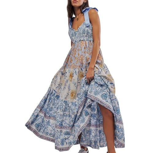 Womens Summer Dresses Flowy Smocked Maxi Dress Sleeveless Tie Shoulder Boho Dresses Y2K Floral Beach Sundresses, Sky Blue, Small | Amazon (US)