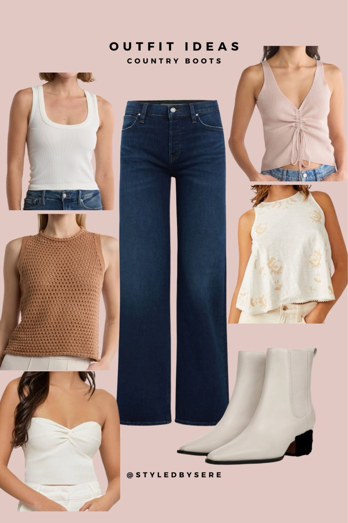 Country Boots: Wide Leg Dark Denim
.

A wide leg jean is great with these western style booties. Dark denim is the perfect way to dress up a casual look. Here, we pair them with a variety of summer tanks, from relaxed ribbed tanks, to dressy knits. Colors don't have to match exactly, for neutrals stay within a color family: warm whites & tans play well with the off-white in the bootie.

#LTKStyleTip #LTKShoeCrush #LTKxNSale