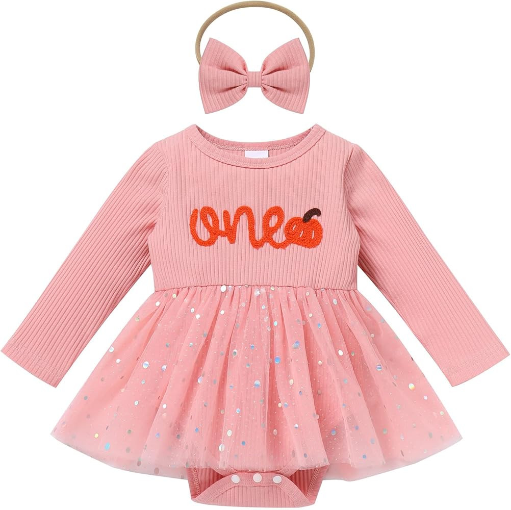 IMEKIS Baby Girl 1st Birthday Outfit Fall Pumpkin Winter Snowflake One Romper Sparkle Dress Headb... | Amazon (US)