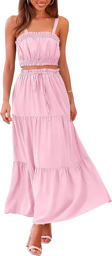 MEROKEETY Women 2 Piece Outfits Sleeveless Crop Top High Waist Long Skirt Set With Pockets | Amazon (US)