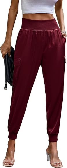 PRETTYGARDEN Women's Satin Jogger Pants Casual High Waist Long Lounge Pant Trousers with Pockets | Amazon (US)