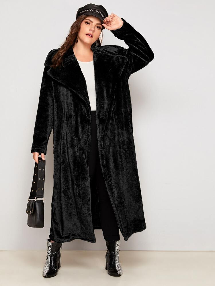 Plus Solid Longline Waterfall Teddy Coat | SHEIN