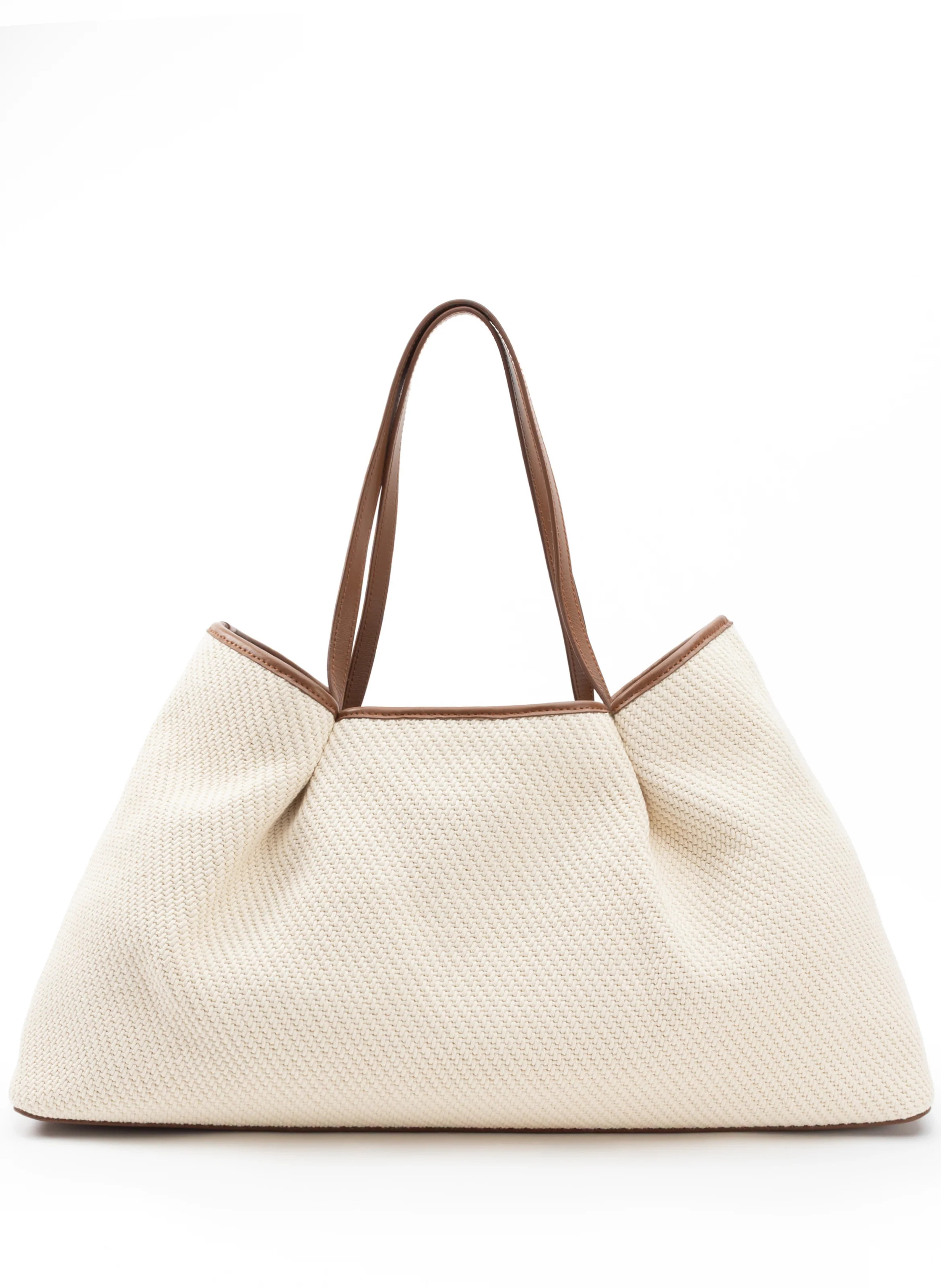 Dimple Tote Canvas/Leather Ecru/Cognac - Large Leather Totes - Elleme | Elleme
