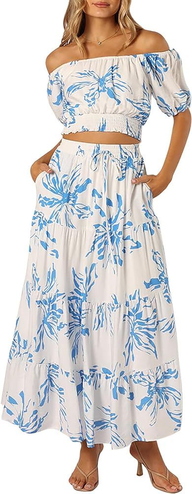 HUUSA 2024 Summer 2 Piece Boho Outfits for Women Short Sleeve Off Shoulder Crop Top and High Wais... | Amazon (US)