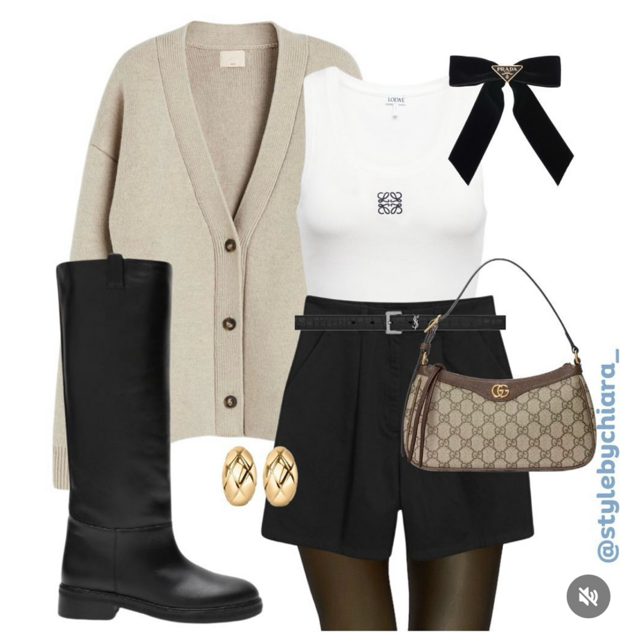 Riding boot season 🤎 
Tags: beige cardigan H&M black tailored shorts monogram tank top Loewe black riding boots Flattered hair bow Prada Gucci bag

#LTKstyletip #LTKworkwear