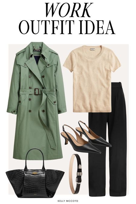 Transitional spring outfit idea, office outfit idea: olive trench coat, Favorite Daughter trousers, cashmere t-shirt, Sam Edelman slingbacks, Dehanche hollyhock belt, croc embossed tote bag 

#LTKworkwear #LTKstyletip