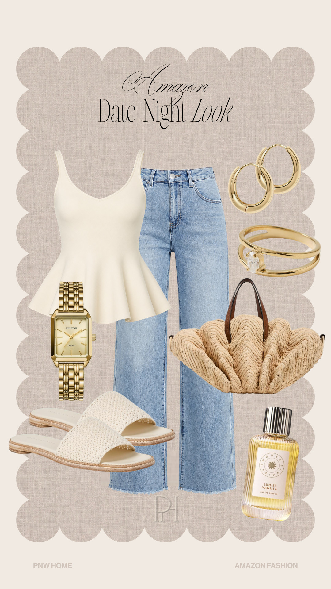 Loving these Amazon finds for a summer date night look!

Date night outfit, date night style, peplum top, white tank top, night out outfit, casual night out, straight leg jeans, white sandals, neutral sandals, vanilla fragrance, perfume, body spray, seashell handbag, gold hoop earrings, gold accessories, gold jewelry, gold watch, raffia handbag, gold ring, neutral fashion, neutral style, summer style, summer fashion, summer looks, summer outfit, designer handbag 

 #LTKgrwm #LTKootd #LTKTall