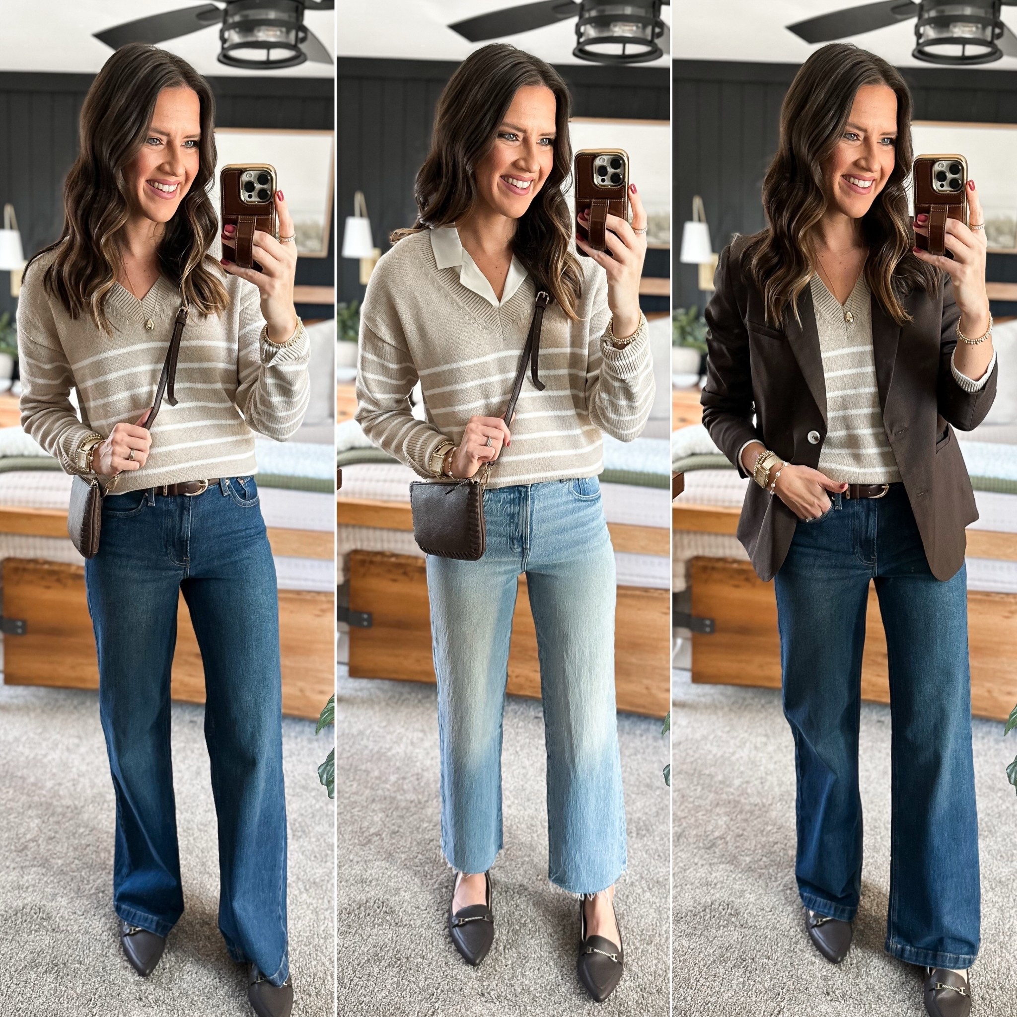 Spring Capsule Wardrobe - Tan & White Stripe Sweater 

Stripe sweater - medium 
Dark wash jeans - 26 long 
Light wash jeans - sized down to 25 tall
Ivory button up - small
Brown blazer - small


#LTKFindsUnder50 #LTKStyleTip #LTKFindsUnder100