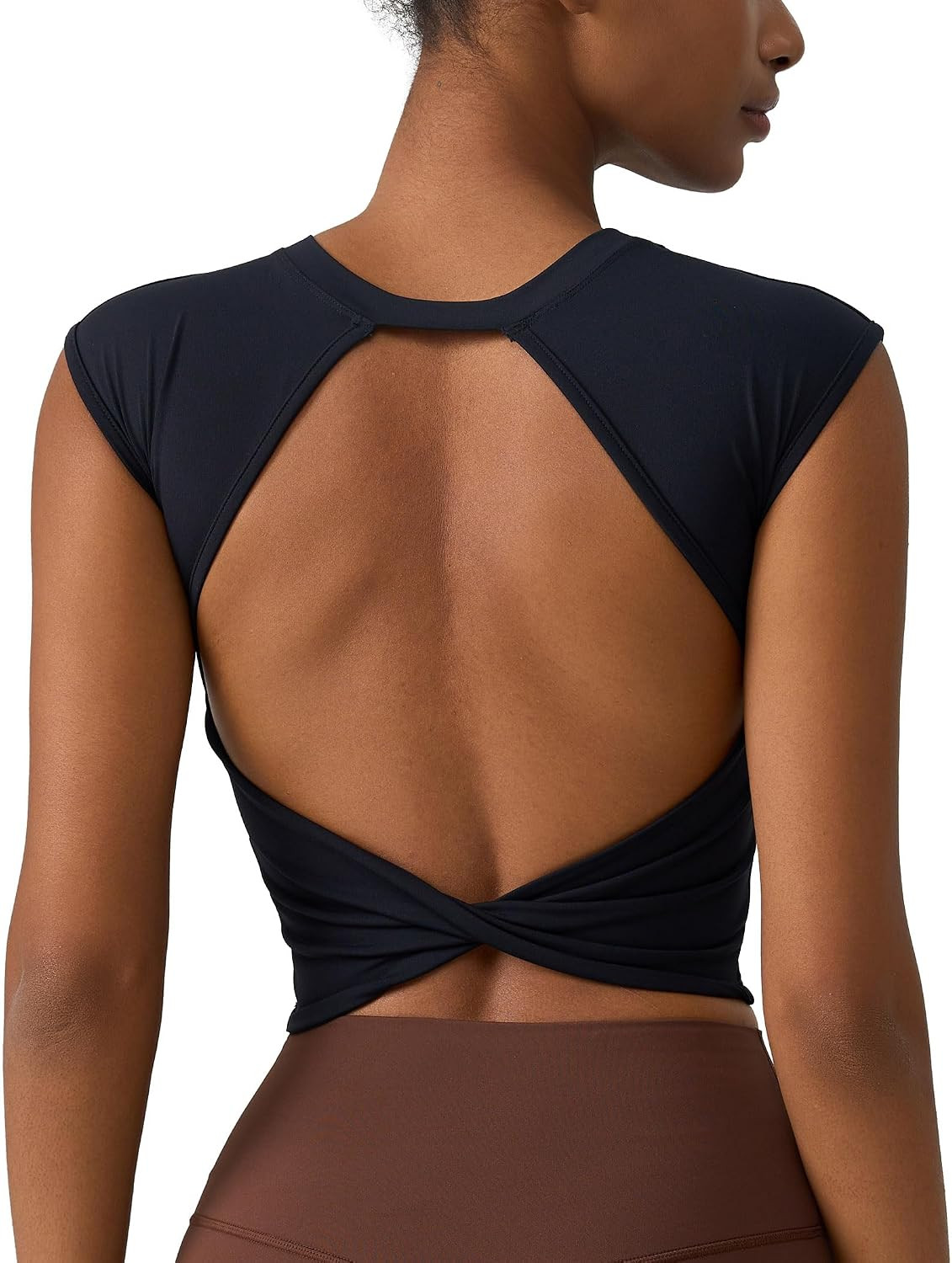 ABOCIW Women Twist Back Workout Top with Built in Bra Cap Sleeve Pilates Yoga Crop Top Athletic Gym Shirt | Amazon (US)