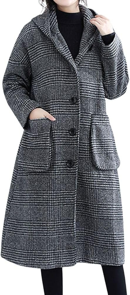 chouyatou Women's Retro Houndstooth Plaid Single Breasted Long Wool Coat with Hood | Amazon (US)
