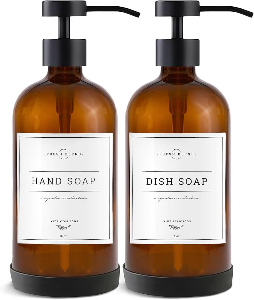 Vine Creations Amber Glass Soap Dispenser Set - Kitchen Soap Dispenser Set with Stainless Steel P... | Amazon (US)