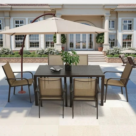 7 Piece Outdoor Dining Set, Patio Dining Table Set for 6 Persons, Garden Patio Textilene Dining Furniture Set with Plastic-Wood Tabletop, Dining Table Chairs Conversation Set for Deck Patio | Walmart (US)