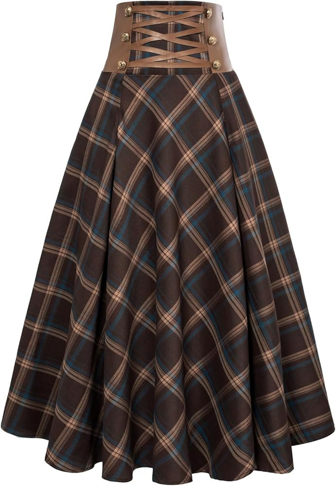 Scarlet Darkness Women Gothic Punk Plaid Midi Skirts High Waist A-Line Long Skirt | Amazon (US)