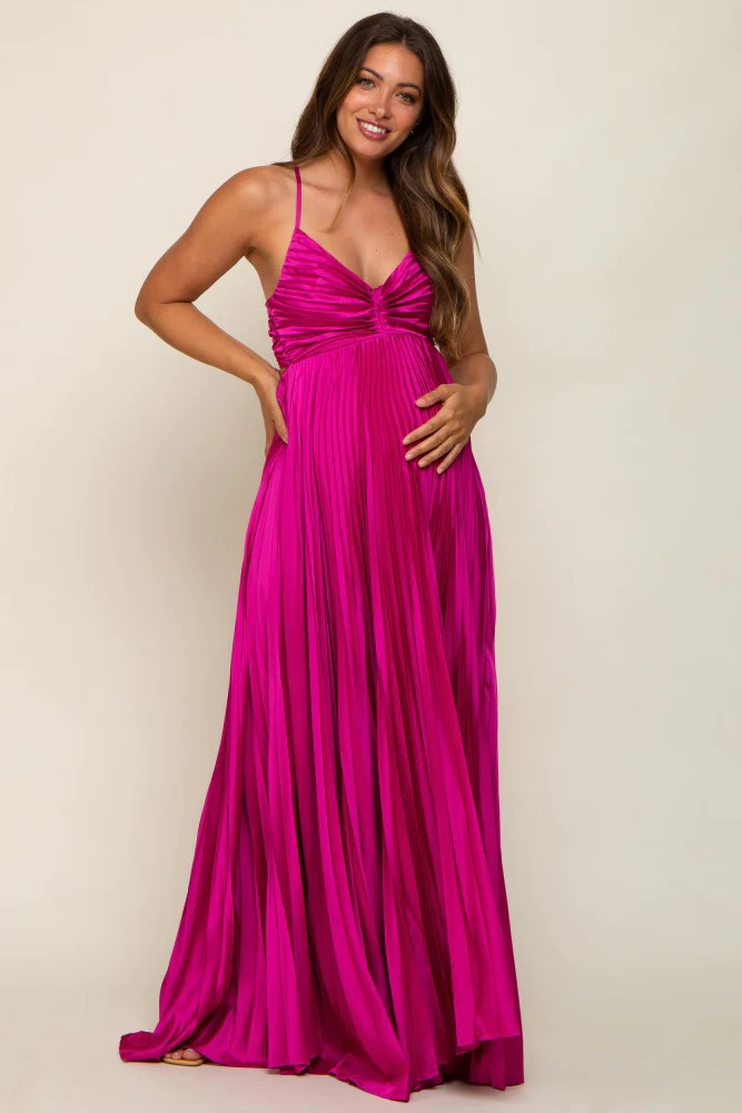 Magenta Satin Pleated Cutout Maternity Gown | PinkBlush Maternity