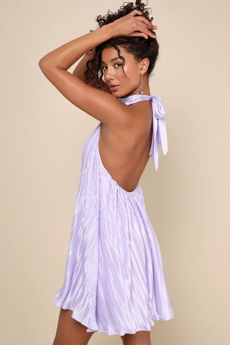 Pretty Aura Lavender Satin Plisse Mock Neck Mini Swing Dress | Lulus