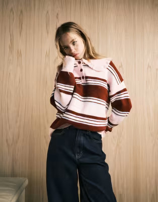 Neon Rose oversized collared striped polo in burgundy pink | ASOS (Global)