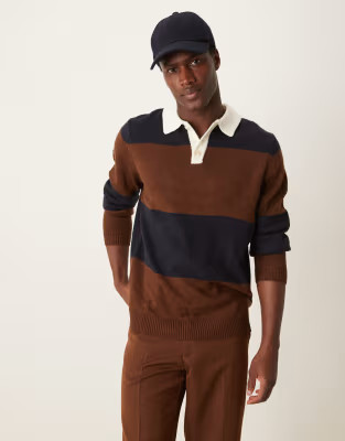 ASOS DESIGN knitted stripe rugby polo in brown and navy rib | ASOS (Global)