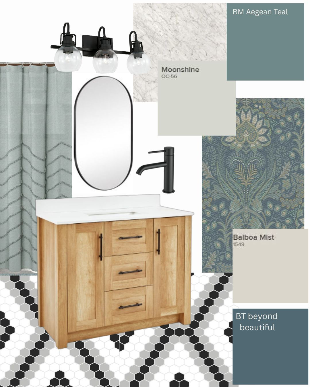 Bathrooms with warms and cools, black metals and Carrera marble. Featuring Benjamin Moore Aegean Teal. (one of my favourites) Moonshine and Balboa Mist. The bottom teal colour is BeautiTone, Beyone Beautiful. #homedepot #amazonfinds #amazonhome #amazonmusthaves #wayfair #wayfairbathrooms #invitinginteriors #colourpalette #bathroomcolourpalette #bathoom #moodboard #visualboard #mirror #vanity #flooring #wallpaper #showercurtain #LTKcanada #LTKfamily

#LTKhome 

 #LTKcanada #LTKhome #LTKstyletip