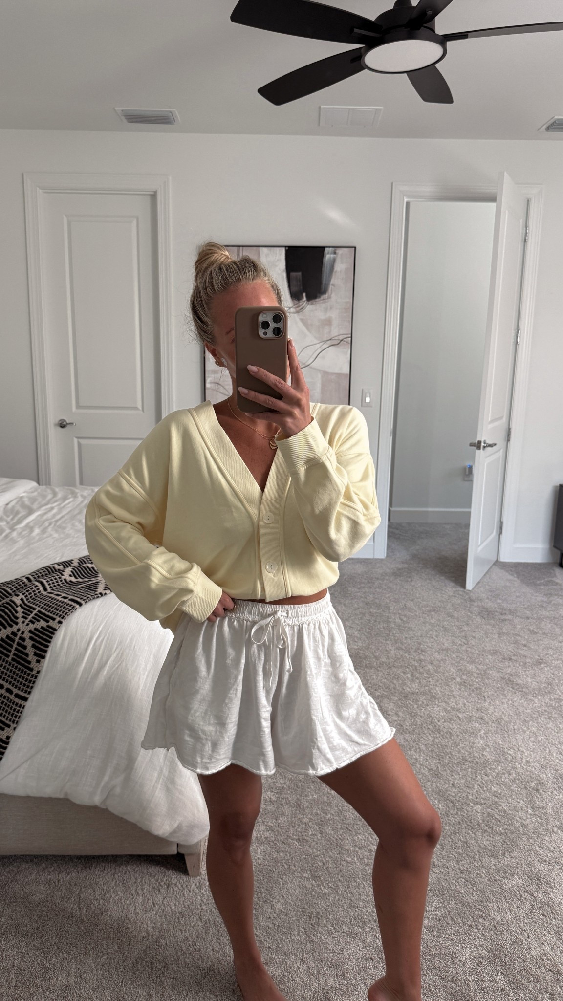 Comfy casual OOTD wearing target lounge cardigan and my favorite aerie shorts! Love this butter yellow for spring 💛🌻