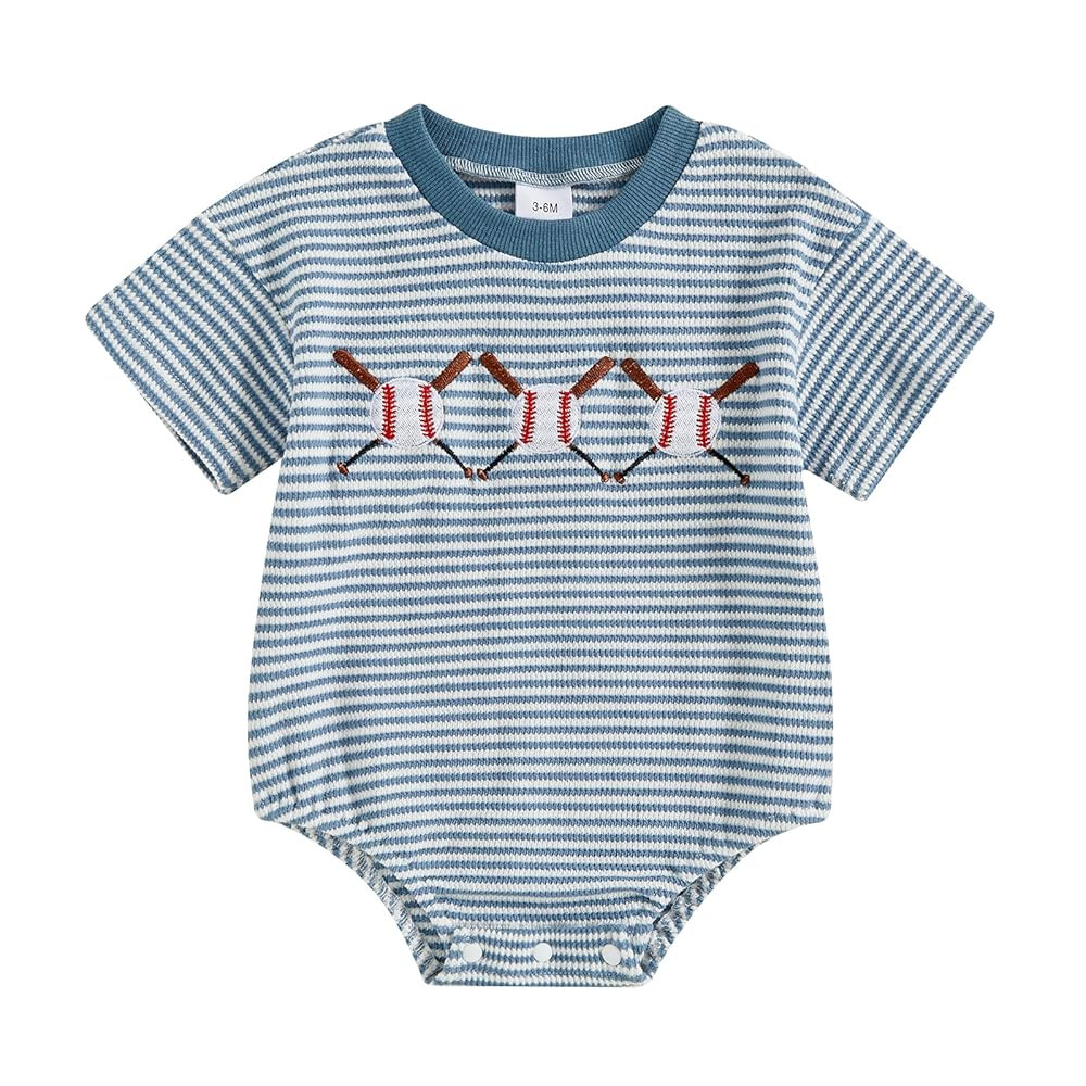 Infant Baby Boy Girl Baseball Outfit Embroidery Stripe Short Sleeve Bubble Romper Waffle Knit Bod... | Amazon (US)