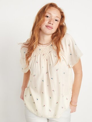 Flutter-Sleeve Smocked Embroidered Cutwork Swing Blouse for Women | Old Navy (US)